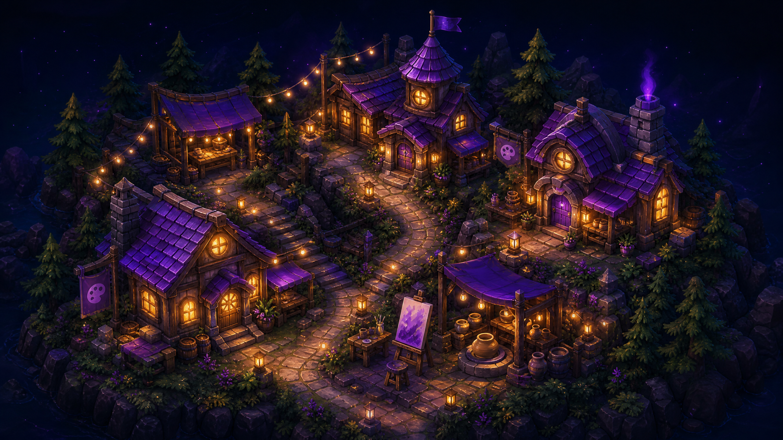 Creator District workshop village at night