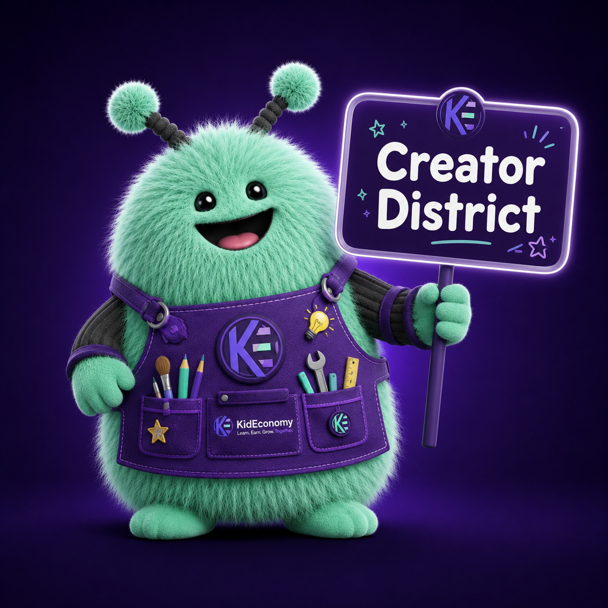Kid Economy mascot wearing a creator apron and holding a glowing Creator District sign