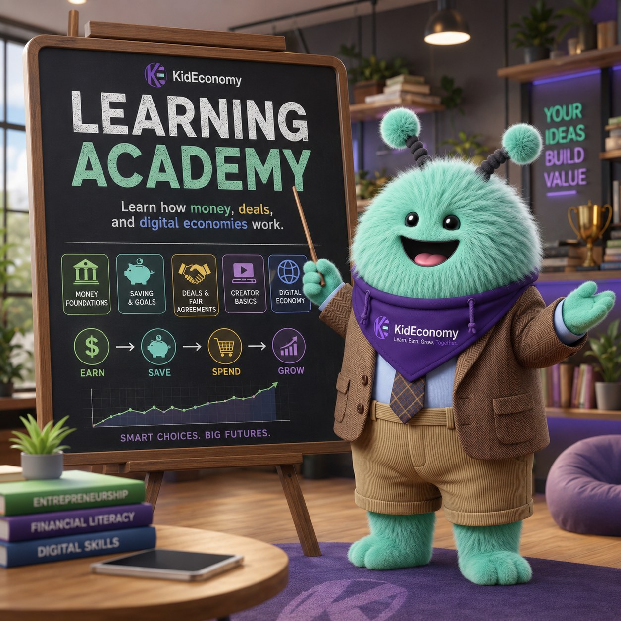 Kip, the KidEconomy mascot, presenting the Learning Academy board