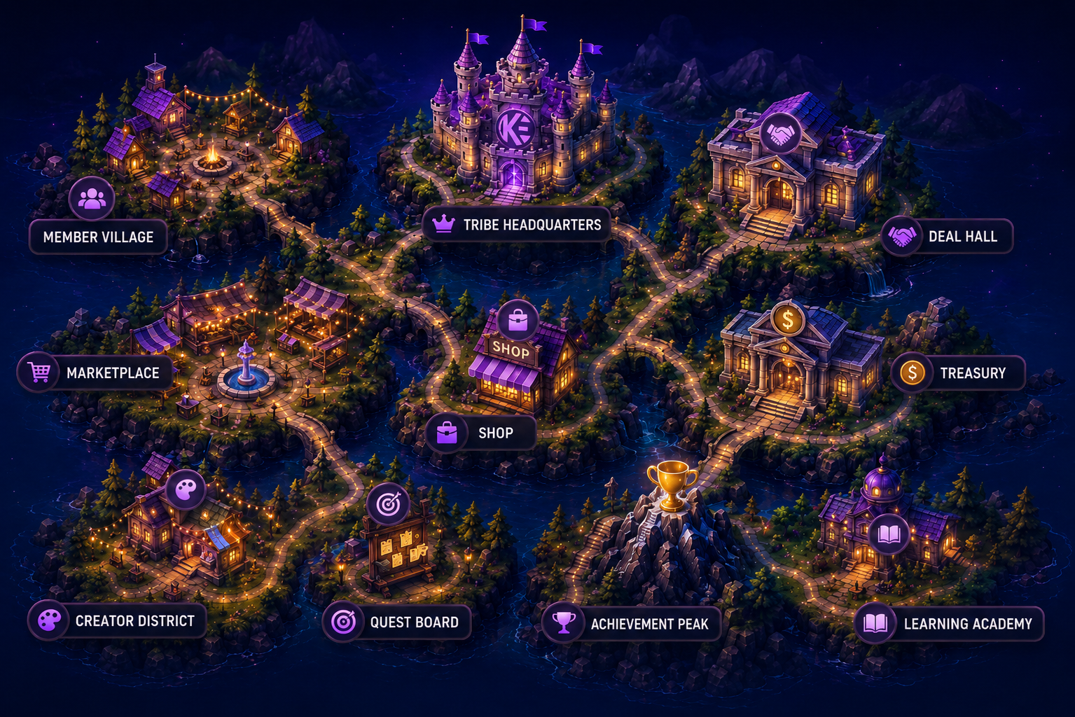 The KidEconomy world map showing Tribe Headquarters, Member Village, Marketplace, Shop, Creator District, Quest Board, Achievement Peak, Learning Academy, Deal Hall, and Treasury